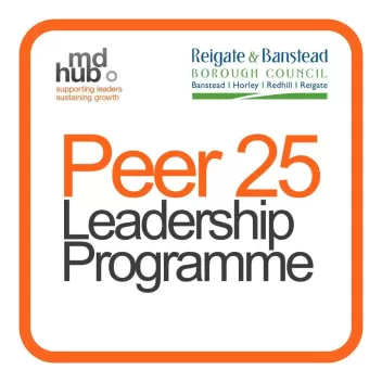 Peer 25 Leadership logo, with orange box and logo for MDhub and Reigate & Banstead Borough Council