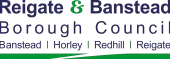 Reigate and Banstead Borough Council logo. Blue and green lettering with green line at the bottom